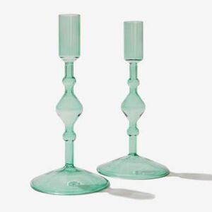 POKETO Green Glass Candlestick Holder Set of 2